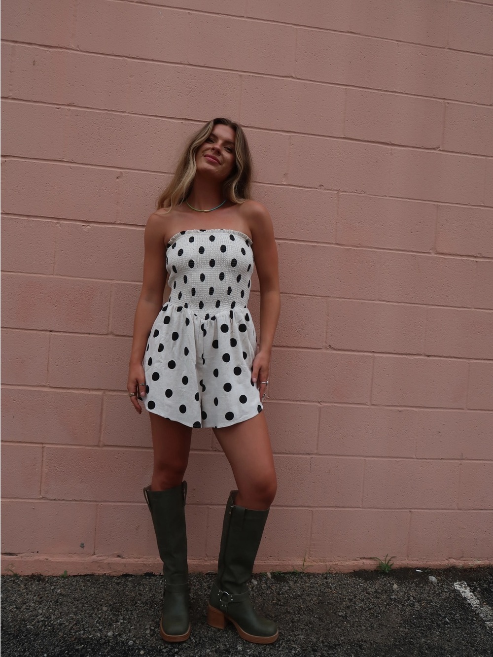 Polka Dot Strapless Smocked Romper in White and Black